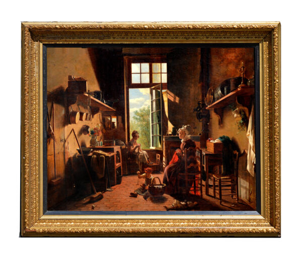 A Kitchen Interior with a Mother and Daughter Sewing and Another child Playing with a Kitten