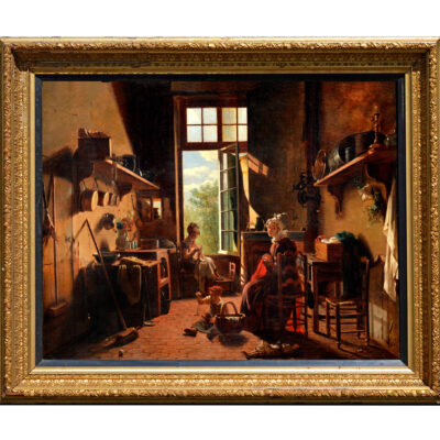 A Kitchen Interior with a Mother and Daughter Sewing and Another child Playing with a Kitten