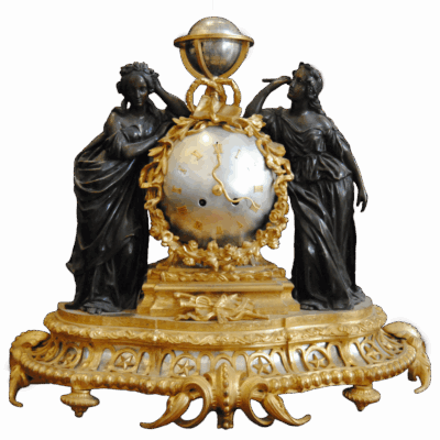 A Patinated Bronze Mantel  Clock with Silver Spheroid  Dial (Set of 3 Pieces)