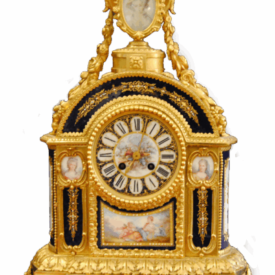 Clock Set in Louis XVI Ormolu and Sevres Porcelain-Mounted Style with Roman numeral dial, with four-light candelabra