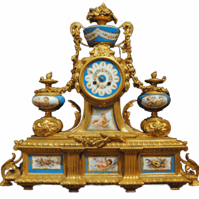 A Sevres-Style Clock with a pair of Five-Light Candelabra.  19th Century