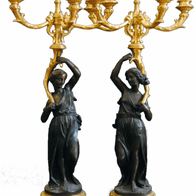 A Patinated Bronze Mantel  Clock with Silver Spheroid  Dial (Set of 3 Pieces).