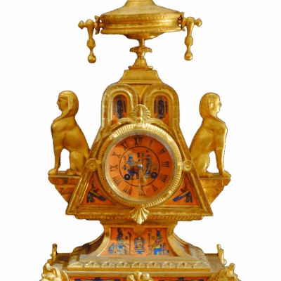 An English Egyptian Revival Gilt-Bronze and Porcelain Clock