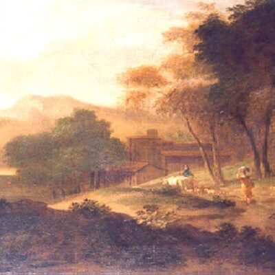 Gaspar de Witte A classical Italianate Landscape with Figures, Cattle and Sheep on Path