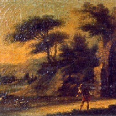 Drover with Sheep at a stream before a ruined Arch
