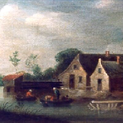 A River Landscape with Anglers and Figures in a Punt by a Cottage
