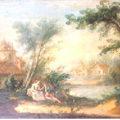 A wooded River Landscape with a Shepherd and Shepherdess courting before a Cottage