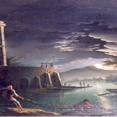 A Moonlit coastal landscape with Fishermen pulling in a Net.