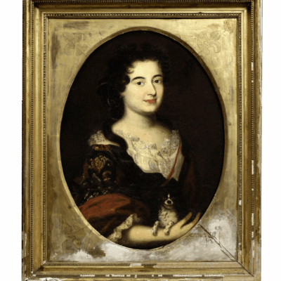 Portrait of a Lady, half length in a blue Dress with a white Chemise and a brown Wrap, holding a Spaniel